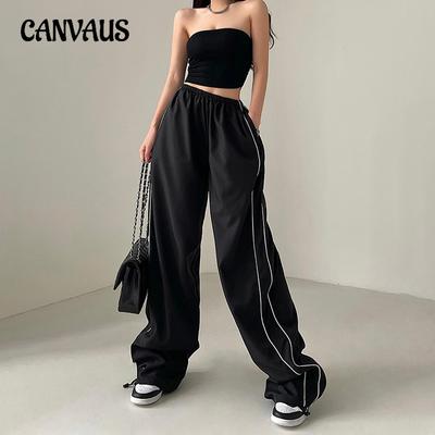 Autumn and Winter Retro Wide Leg Casual Pants Women's Loose Stripe Splicing Street Dance Hip Hop Sweatpants