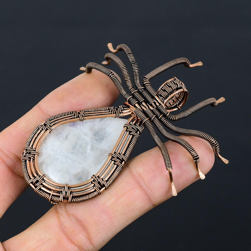 Natural Rainbow Moonstone Gemstone Copper Wire Wrap Spider Pendant 2.56" B0N50
