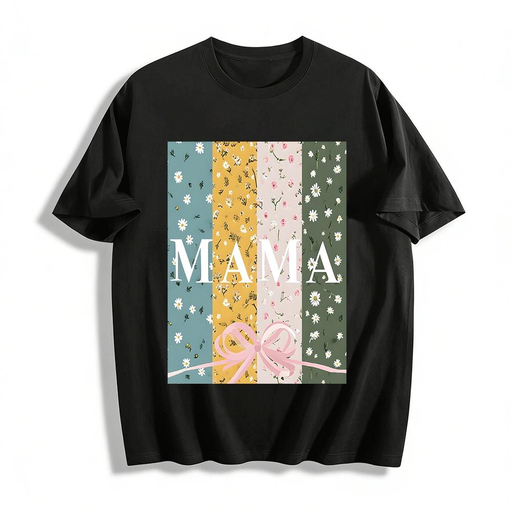 Floral Print MAMA Letter Bow Decor Casual Top For Mother s Day Pure cotton T-shirt XXS