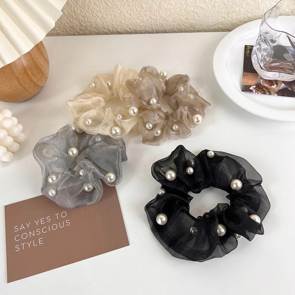 1PC Elegant Organza Scrunchies with Pearls, Women's Stylish Hair Accessories, Must - Have Hair Grips Hair Tie