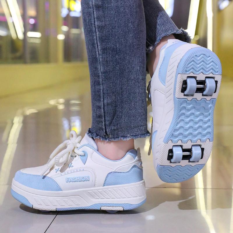 Boy's Rotating Button Four Wheel Skate Kids Shoes with Wheels Girl Skate Shoes
