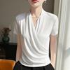 Summer New Slim-fit and Flattering Versatile Base Layer Top with Crossed V-neck and Pleated Front Shoulder Short-sleeved T-shirt for Women