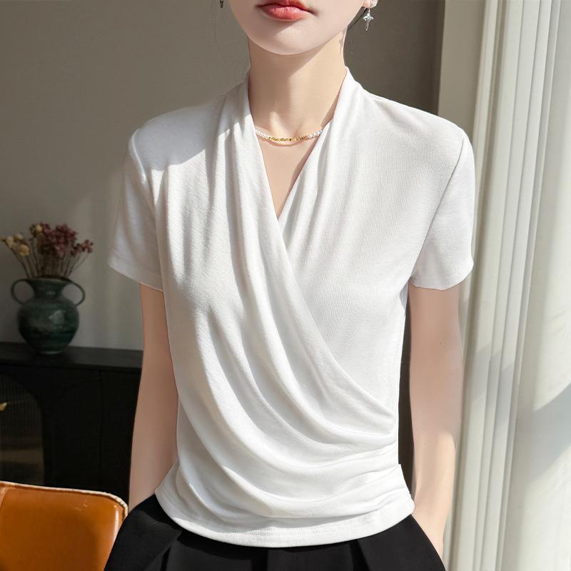 Summer New Slim-fit and Flattering Versatile Base Layer Top with Crossed V-neck and Pleated Front Shoulder Short-sleeved T-shirt for Women