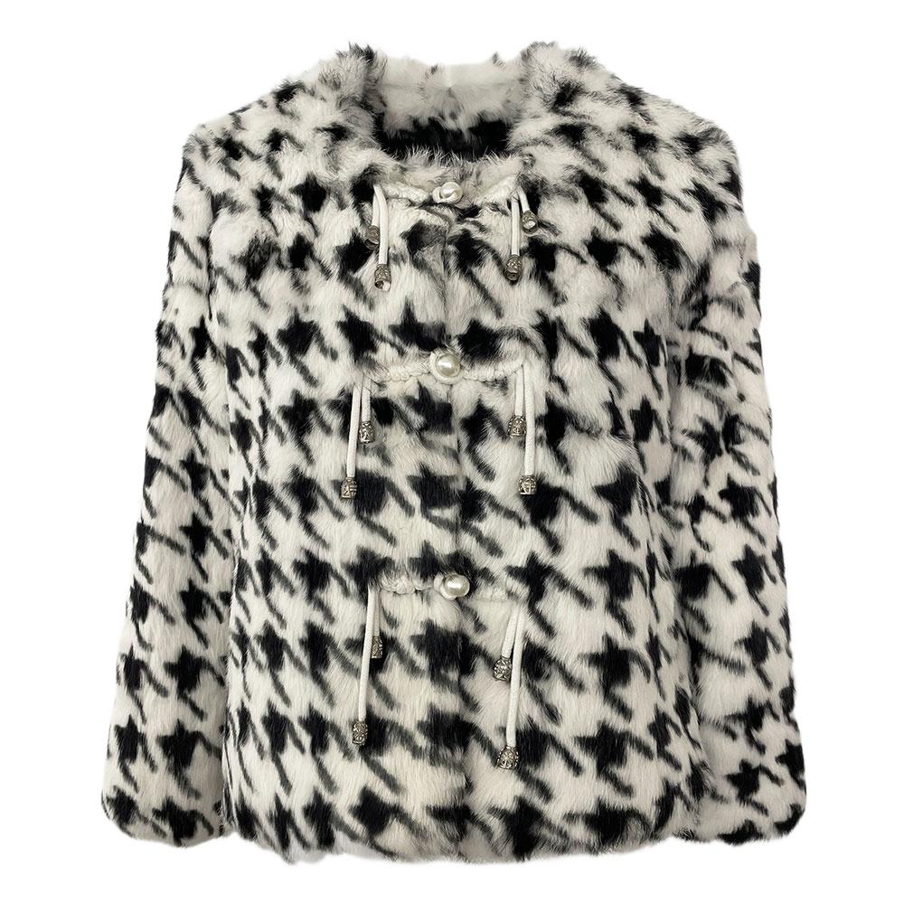OFTBUY 2024 Real Natural Rabbit Fur Coat Winter Jacket Women Thick Warm Houndstooth Pattern Elegant Outerwear Streetwear Fashion