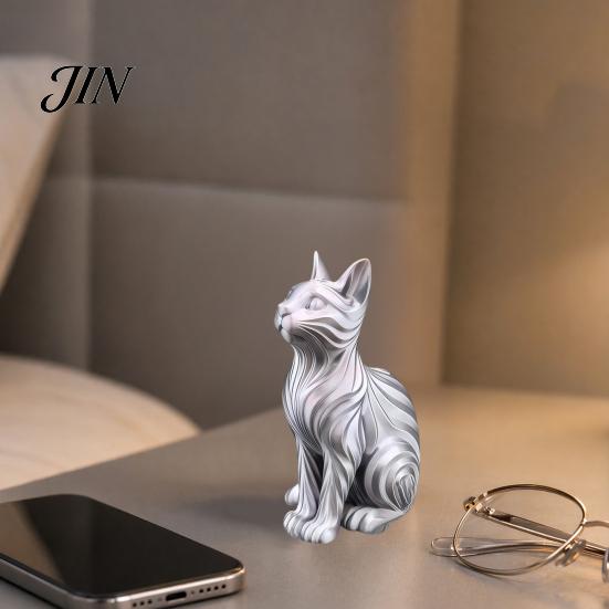 Small Cat Sculpture Gift 3D Printed Statue with Wavy Fur, Modern Sitting Figurine for Display Bookshelf Decor, Minimalist Art Home Office, Lovers