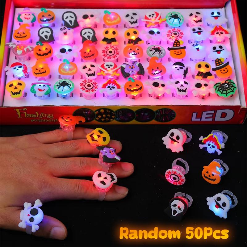 Kids Halloween Glow Rings 10-50 Pcs-Luminous LED Jewelry for Trick or Treat,Halloween Party Favors with Glow in The Dark Effect