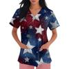 Women's V-neck Independence Day print short-sleeved pocket side-opening protective work shirt