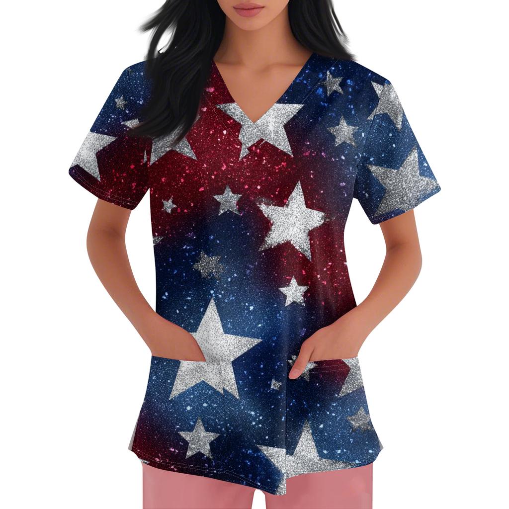 Women's V-neck Independence Day print short-sleeved pocket side-opening protective work shirt