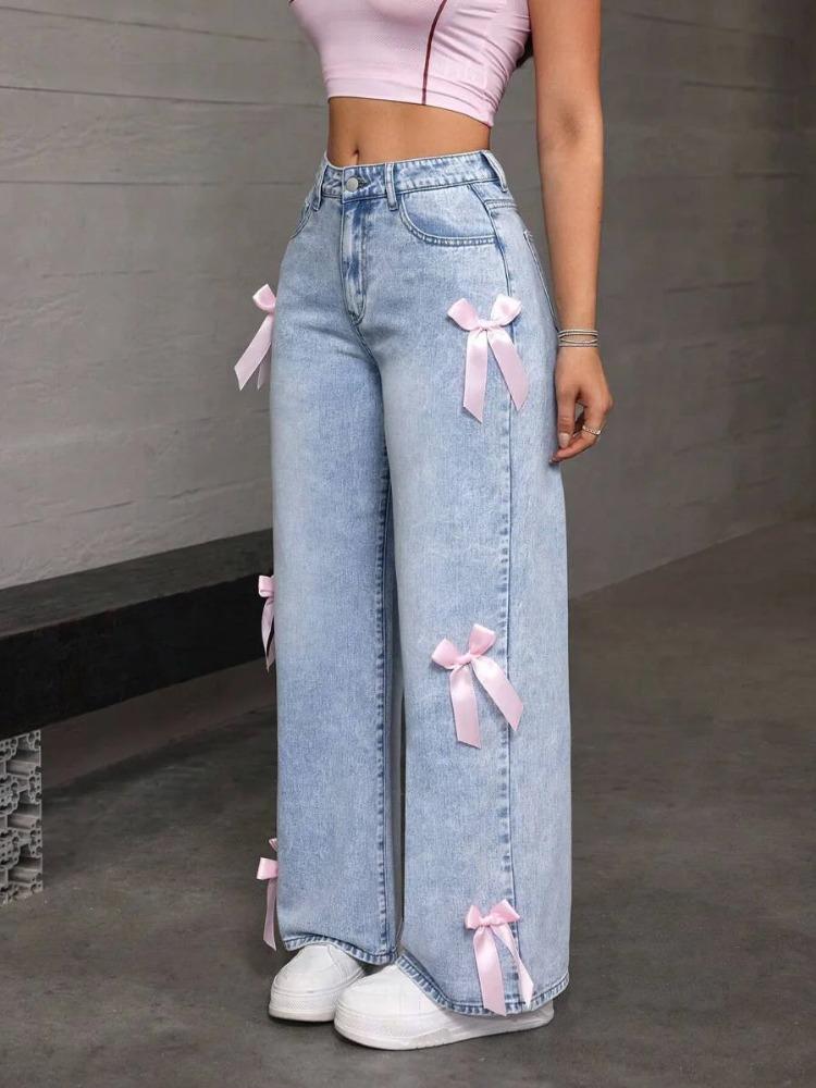 Jeans Casual da Donna con Decorazione a Fiocco Y2k Blu Larghi Denim Pantaloni Ampi Dritti Estetica Dolce Coquette Jeans Lavati