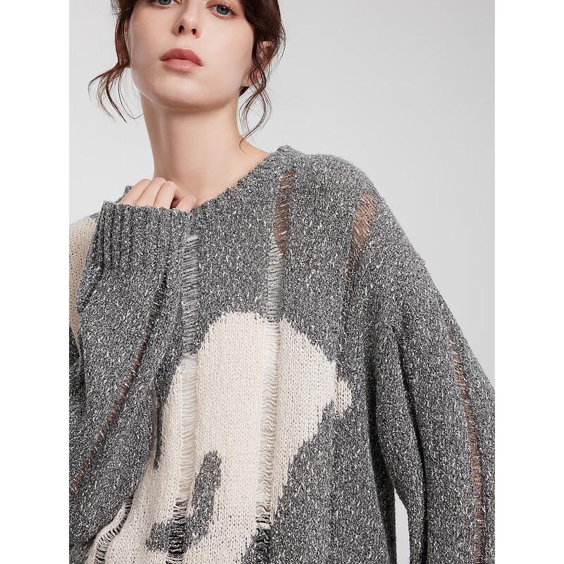 ELLE Women s Round Neck Floral Knit Slouchy Sweater S