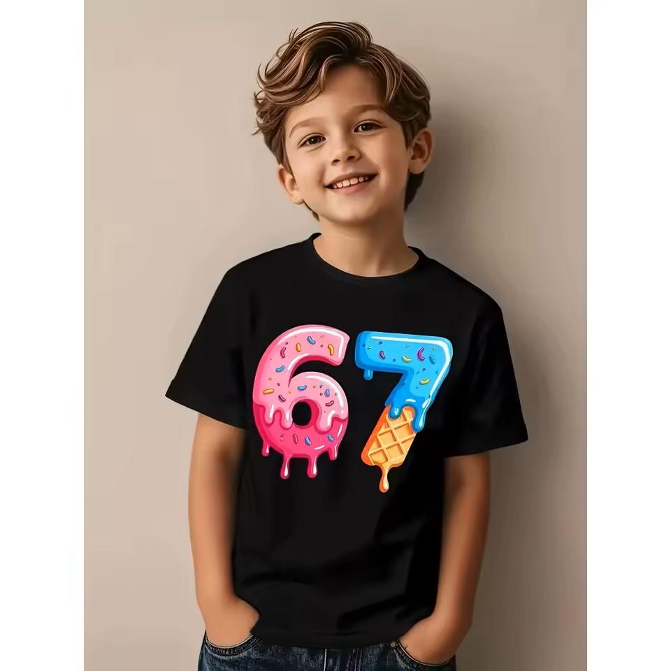 Cartoon 67 Print Kinder T-Shirts Sommer Mode Kurzarm Lässig Rundhals Oberteile für Jungen und Mädchen T-Shirts Top