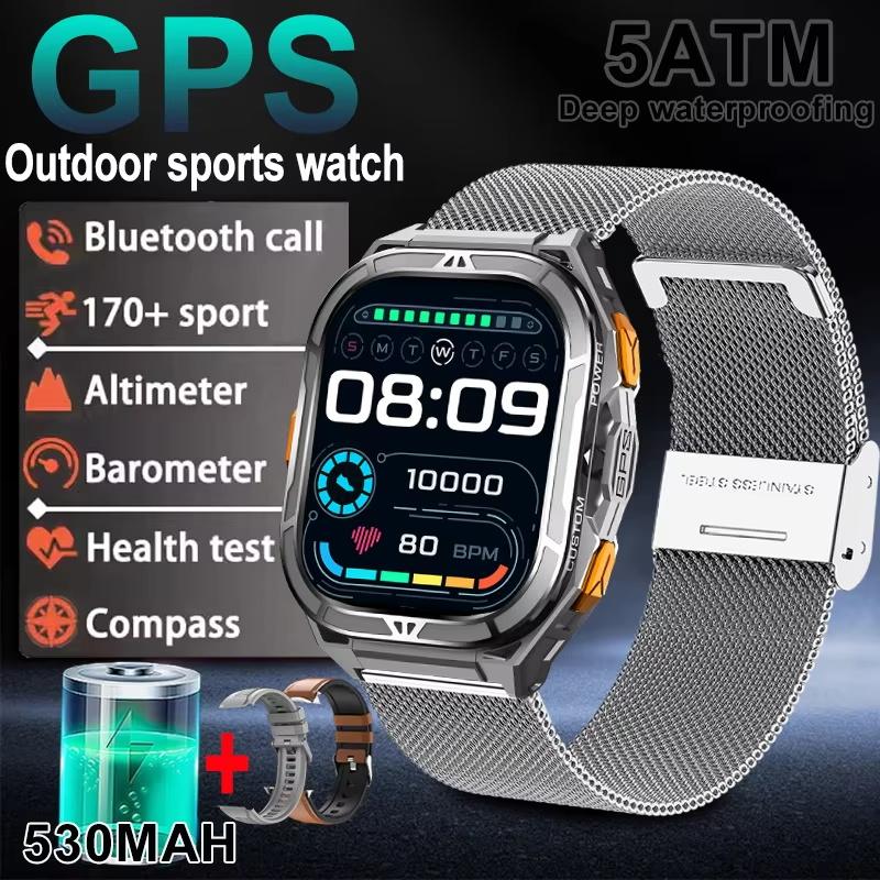 New GPS Track Smart Watch Men 5ATM Waterproof 1.96" Always Display Compass Heart Rate 530mAh Battery BT Call Smartwatch