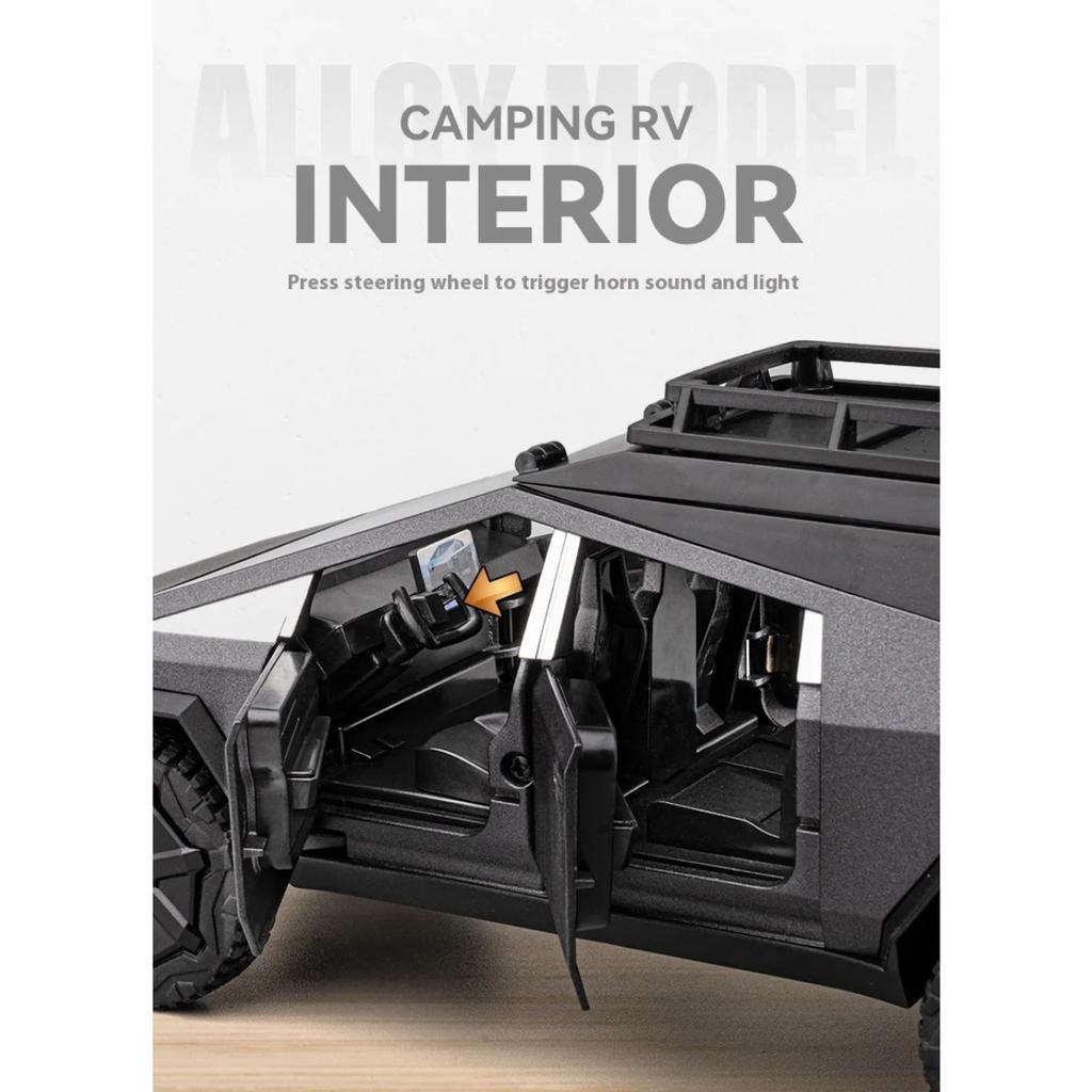 Tesla Cybertruck Camping Pickup mit Motorrad, SUV, Offroad-Modellauto aus Metall im Maßstab 1:24, Sammlerstück, Spielzeug für Kinder