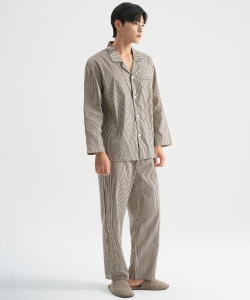 [May Flower] Khaki Style Long Sleeve Pure Cotton Men's Plus Size Pajama Set [Shipped from Korea] 100% Authentic