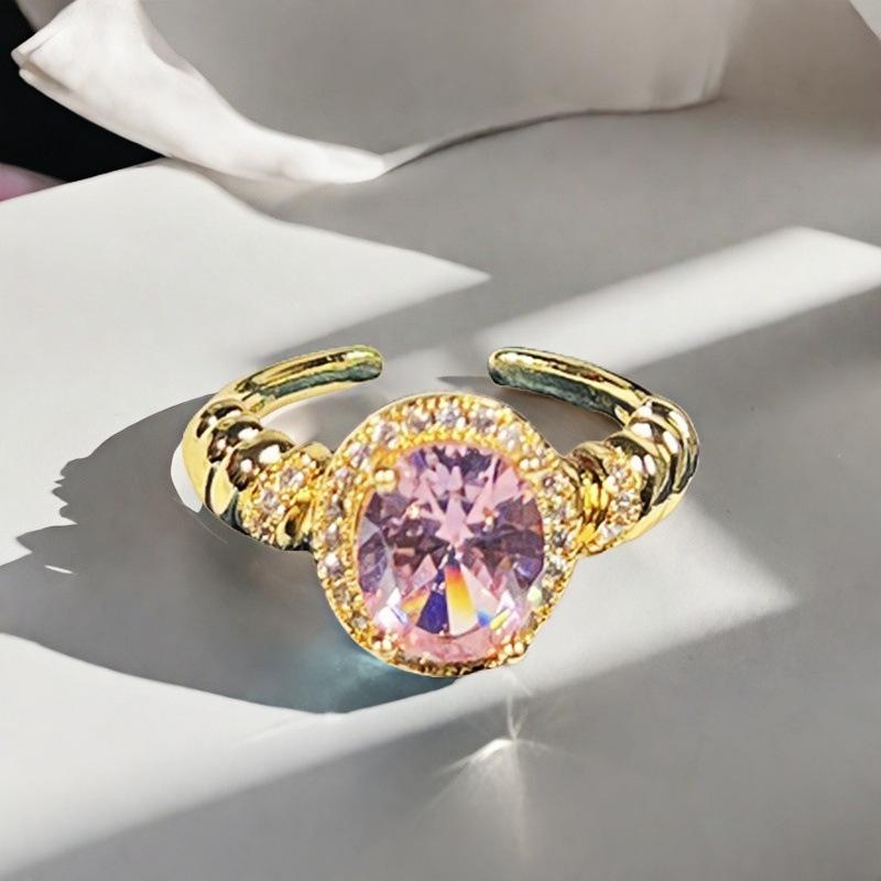 Sweet Girl Heart Pink Love Zircon Crown Open Ring Niche Design Light Luxury High Sense Fashion Ring