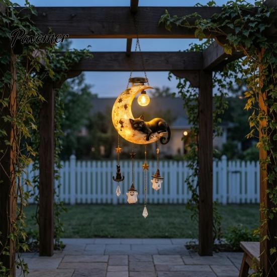 Solar Powered Garden Hanging Decor Moon Black Cat Wind Chime Light, Lamp, Waterproof Resin Cute Ghost Star Yard Accents Outdoor for Patio Yard,