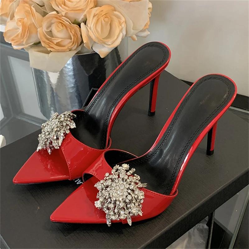 Fashion Eilyken Summer Fashion CRYSTAL Diamonds Pointed Toe Slippers Women Thin High Heels Sandals Slides Ladies Shoes