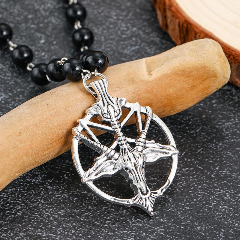 Gothic Black Agate Choke Ring and Baphomet Pendant Antique Pentagram Skull Round Goat Head Necklace Devil Pan God Necklace