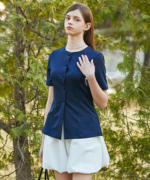 KOLEAT Vintage Slim Fit Classic Short Sleeve Midi Shirt [Navy] 600