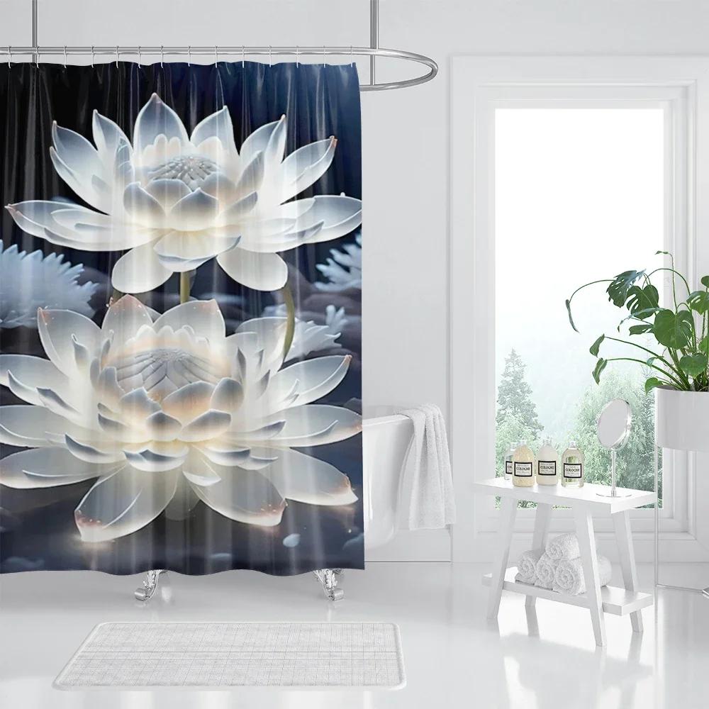 

White Lotus Flower Shower Curtains For Zen Spa Bathroom Decor, Asian Floral Polyester Bath Curtain Set, Gift For Women And Girls W60H190(CM)-1 Pcs