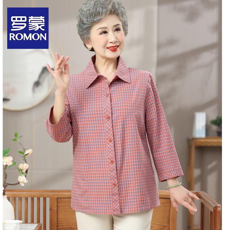 ROMON Women s Elegant Plaid Seven-Quarter Sleeve Summer Blouse 4XL