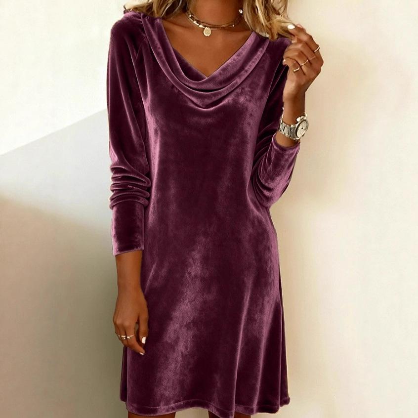 Women's Autumn/Winter Velvet Dress - Solid Color Swing Collar with Long Sleeves