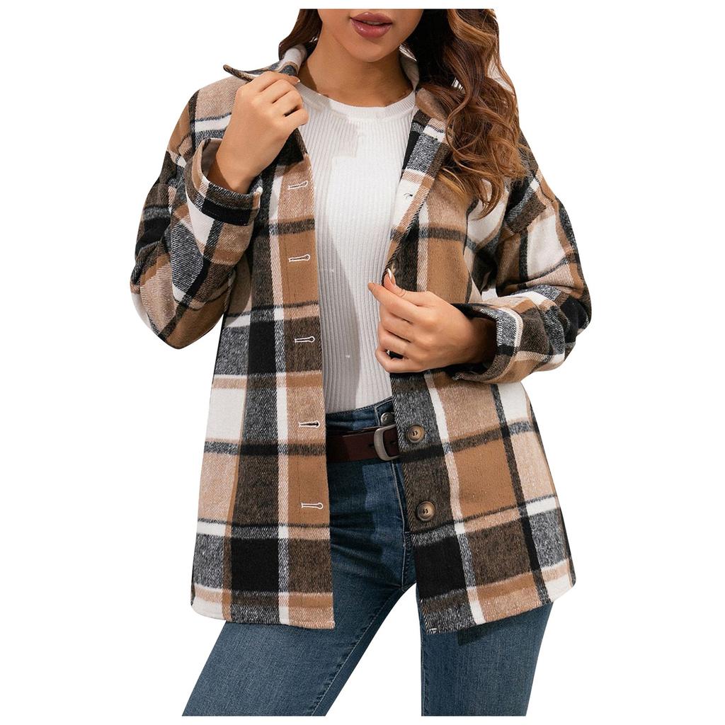 Fashion Women's  Casual Loose Grinding Wool Plush Plaid Long-sleeved Shirt Jacket