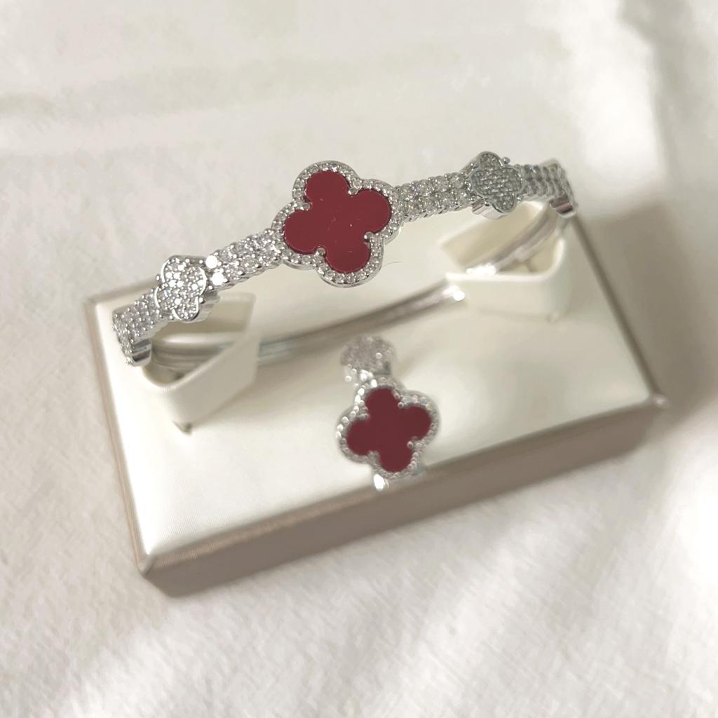 2PCS New Micro Inlaid Zircon Clover Bracelet Ring Set with Adjustable High Color Preserving Copper Plating 18k Real Gold Fashion