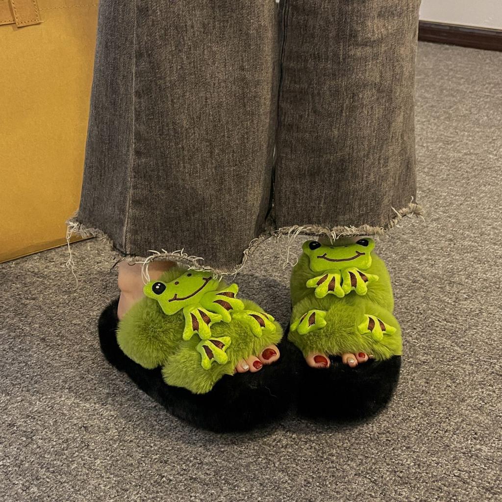 Fashion Versatile Fluffy Slippers Women's 2025 Autumn and Winter New Cute Thick-bottomed Warm One-word Cotton Slippers Women's Outer Wear