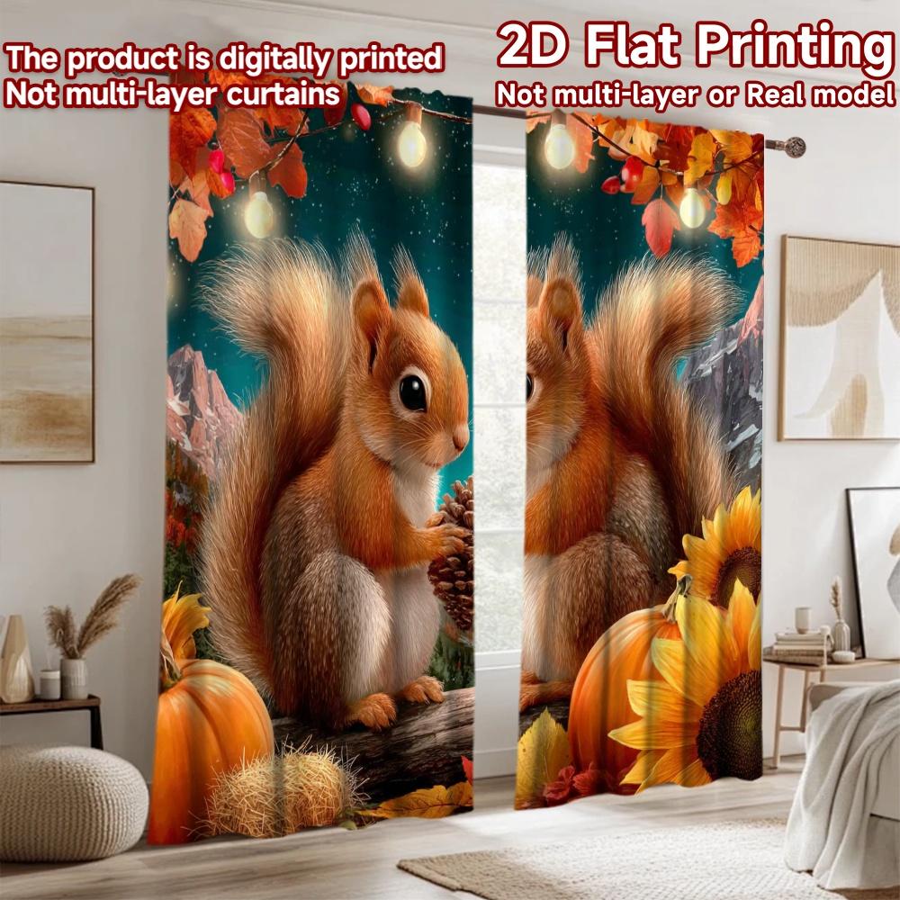 2D Flat Printing 2pcs Party Curtains Cute Squirrels Autumn Scene Digital Printed Polyester Drapes Party Decorations for Home