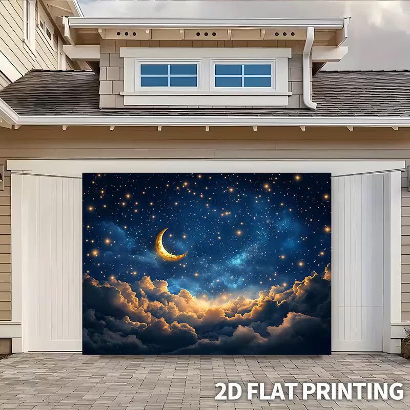 2D Dreamy Moon Tapestry Golden Crescent, Starry Sky and Sunlit Clouds Wall Art