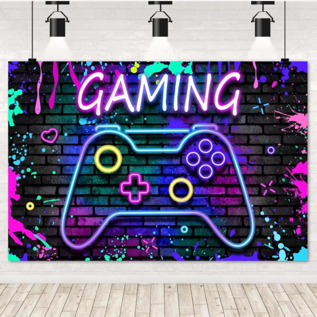 Game On! Video Gamer Kids Backdrop – Neon Green Gaming Theme, Next Level Up Decor For Birthday & Baby Shower Supplies-Tapestry