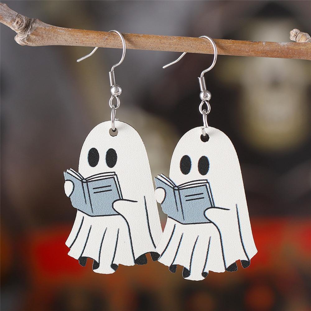 Gothic Book Ghost Earrings Woo-den Fun Eardrops Halloween Earrings  for Women