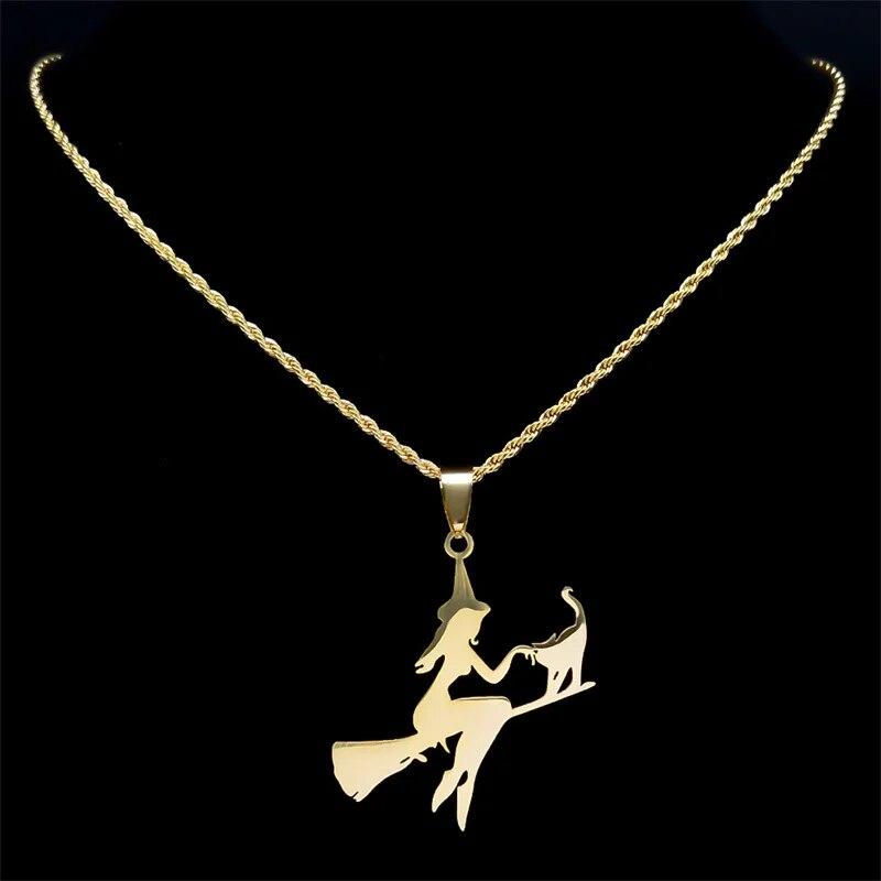 

Колдовство ведьма метла кошка магия кулон из нержавеющей стали ожерелье для женщин мужчин ожерелья подарок на Хэллоуин ювелирные изделия