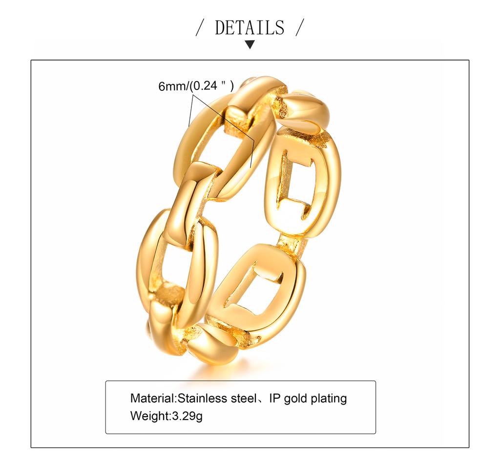 Thick Cable Chain Ring for Women , Stainless Steel Link Rings, Gold Color Stacking Statement Minimalist Jewelry