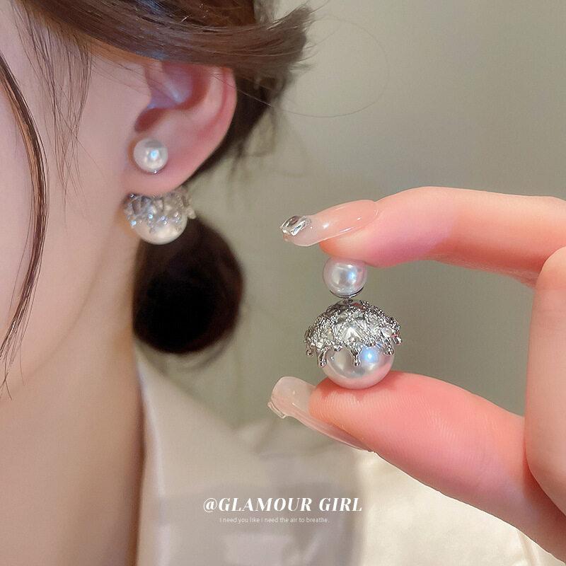 Faux Pearl Two-sided Shell Zircon Earring Elegant Fashion Women Shiny Crystal Imitation Pearl Handmade Earrings Party Jewelry Gift