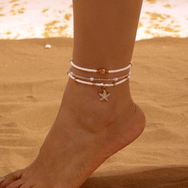 Vintage Gold Color Double Layer Anklet for Women Star Pearl Starfish Zircon Pineapple Anklets Bracelets Foot Chain Beach Jewelry