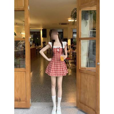 Summer College Style Splicing Dress Women's Small Flying Sleeves Retro Red Plaid Small Sweet Short Skirt