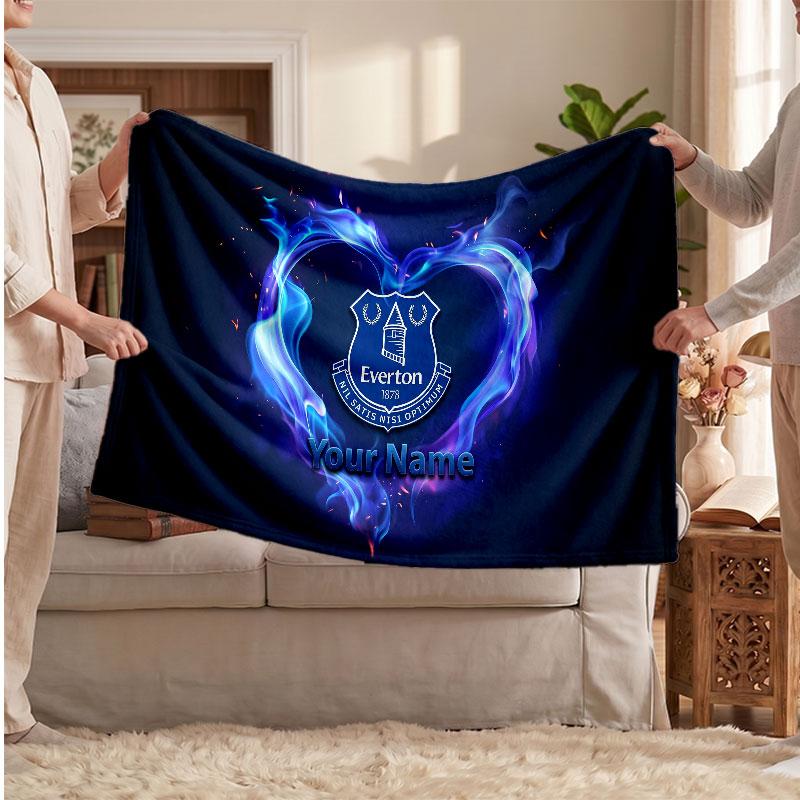 Everton FC Personalized Fleece Blanket With Football Logo, Custom Name Text Soft Warm Home Throw Blanket