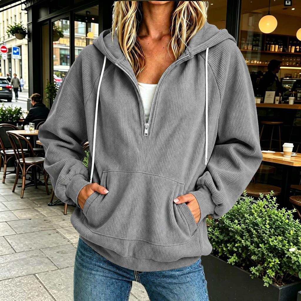 Women's Casual Half Zip Long Sleeve Loose Fit Color Hoodie