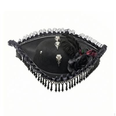 Pirate Tricorn Hat Beaded with Feather Gothic Costume Accessory for Adults, Women,