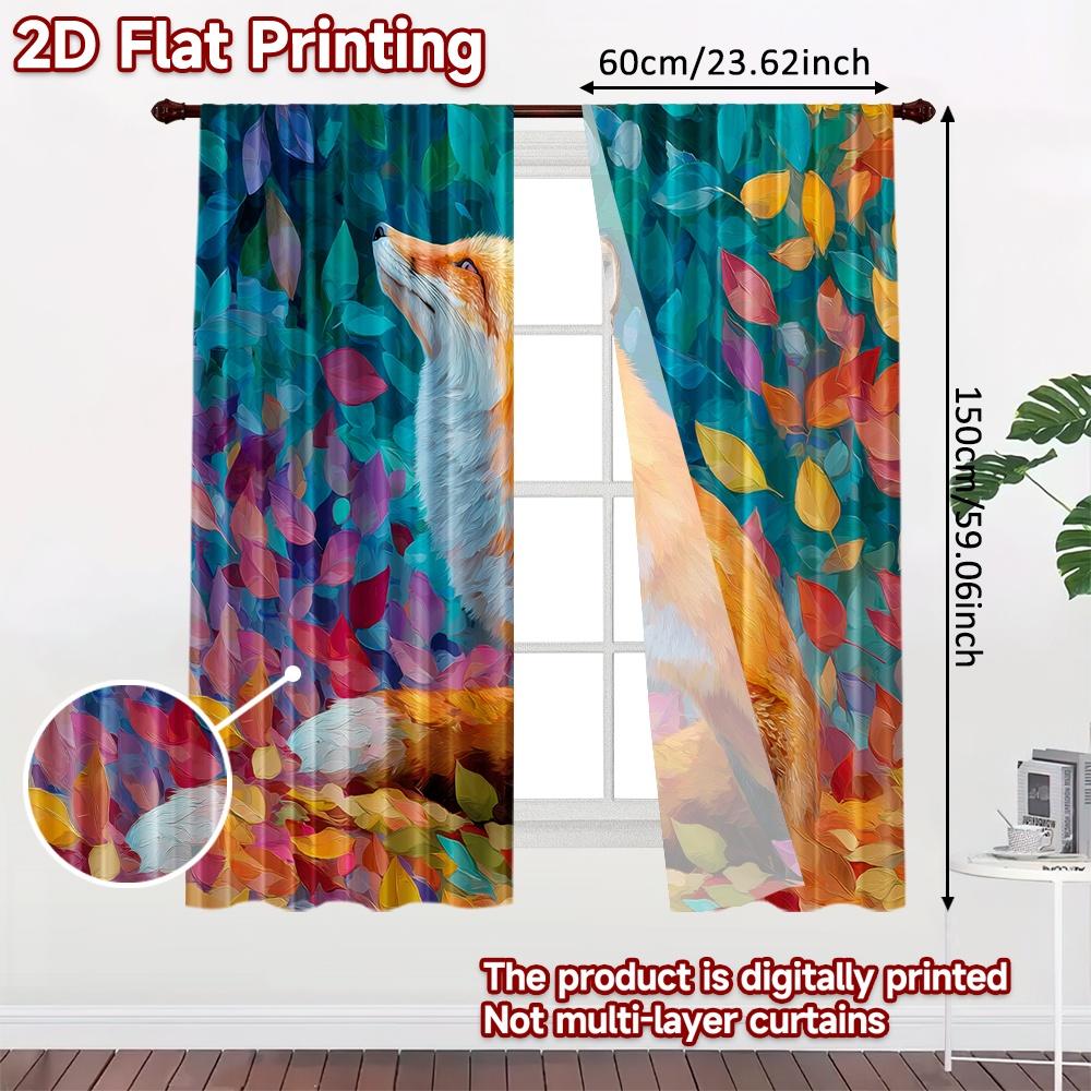 2pcs, 2D FLAT PRINTING Curtains (Without Rod) Autumn Fox(3) Holiday Printed Curtains Versatile Polyester Curtains Decorations
