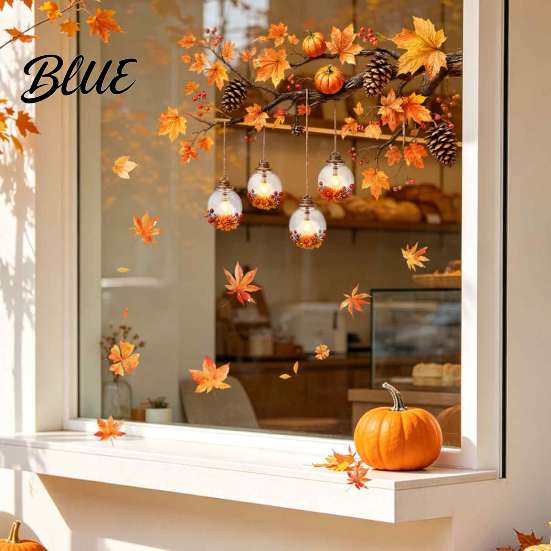 Static Cling Window Decals Autumn Maple Leaf And Lantern Sticker Double Sided PVC Waterproof Thanksgiving Party Decor Decals Removable Electrostatic