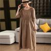 Johnature Women Vintage Solid Color Dress O-Neck Half Sleeve Summer Loose Female Fold High Waist Dress