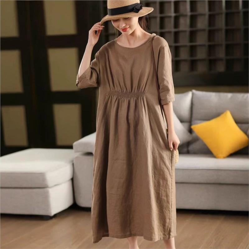 Johnature Women Vintage Solid Color Dress O-Neck Half Sleeve Summer Loose Female Fold High Waist Dress