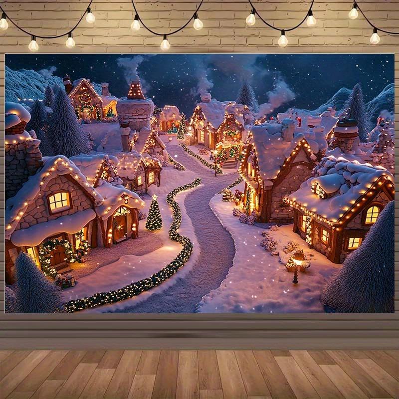 1 2D holiday Christmas snow village background with comfortable cabin passages sparkling decorations and flashing lights