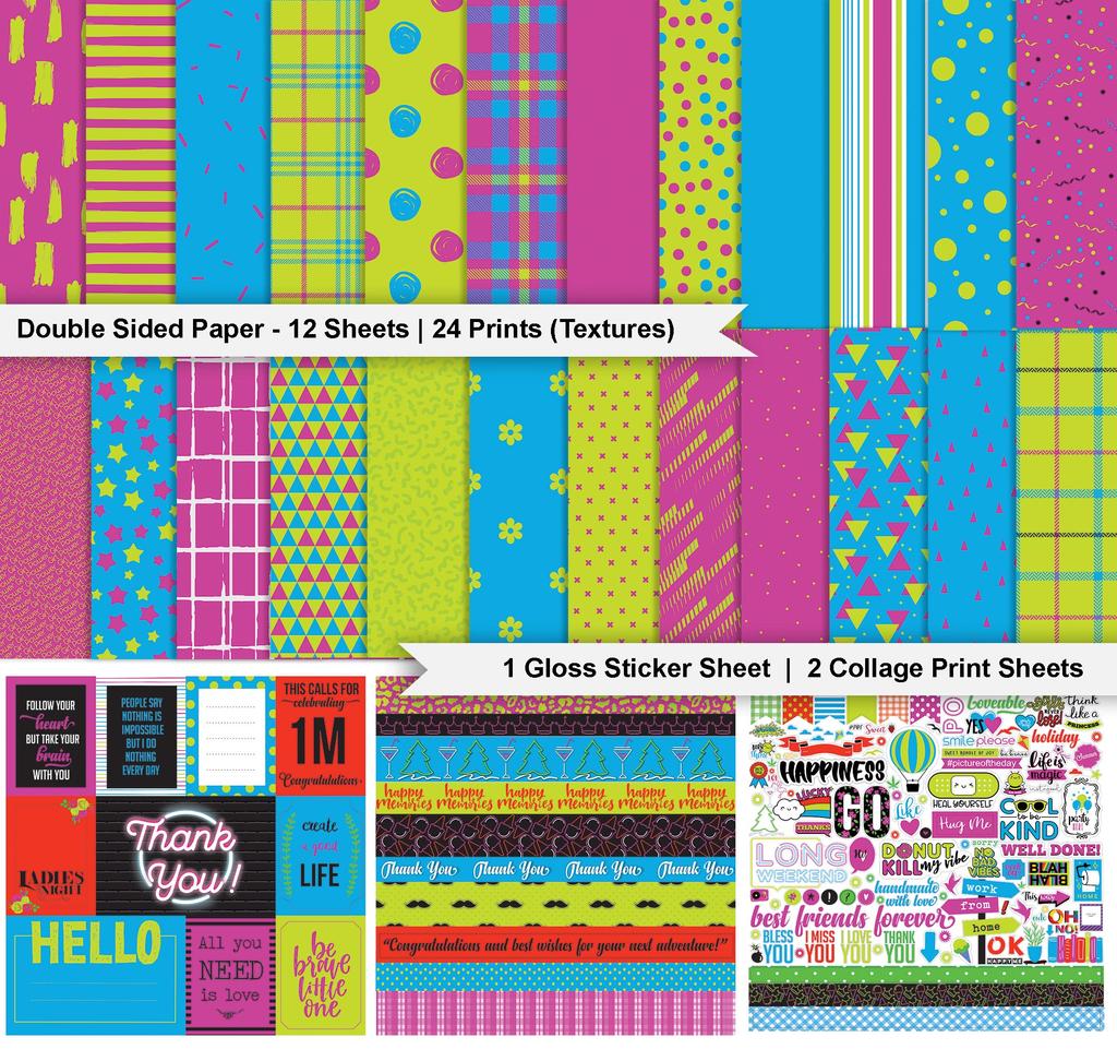 Inkdotpot Pop With Neon Collection Double,Sided Scrapbook Paper Kit Cardstock 12"x12" -16 Pages