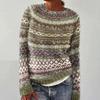 Women Sweater Round Neck Long Sleeve Patchwork Color Knitting Tops Loose Hem Printed Knitwear Winter Wear