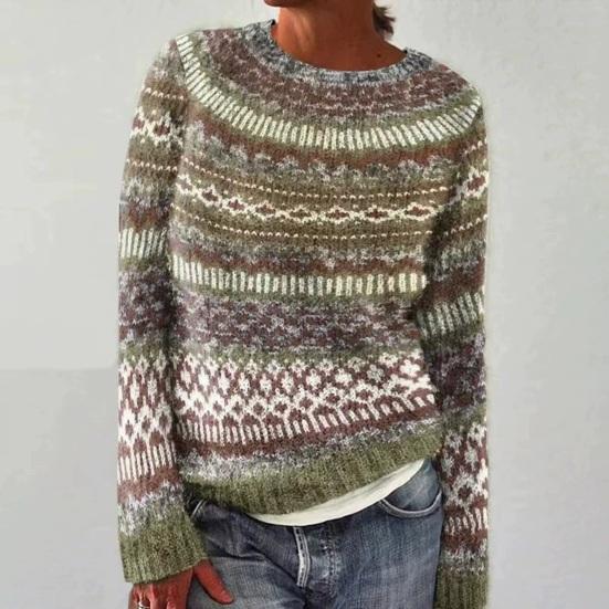 Women Sweater Round Neck Long Sleeve Patchwork Color Knitting Tops Loose Hem Printed Knitwear Winter Wear