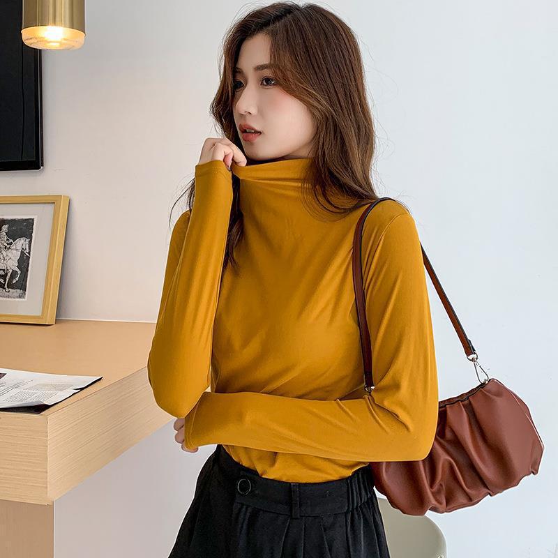 Women's Modal High-Elastic Base Layer: Semi-High Neck, Slimming Long Sleeve T-Shirt for Spring, Autumn, Winter.